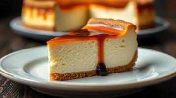Creamy cheesecake slice topped with caramel sauce on a plate against a blurred background of dessert photo