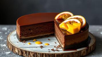 Decadent chocolate mousse cake with mango and orange slices on a wood platter photo