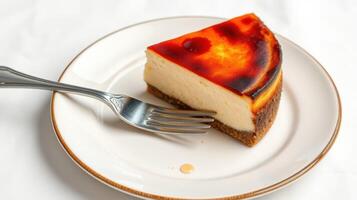 Delicious cheesecake slice with a golden-brown top served on a white plate with a fork photo