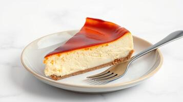 Creamy cheesecake with a caramel glaze served on a plate with a fork during daytime photo