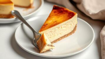 Creamy cheesecake slice served on a white plate with a fork on a cozy table setting photo