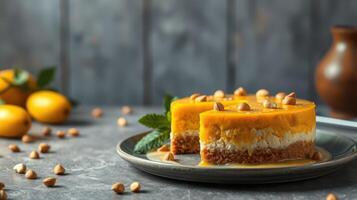 Delightful dessert features layers of creamy mango mousse and biscuit crust with garnished nuts on a rustic table photo