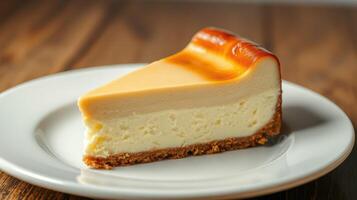 Creamy cheesecake slice served on a white plate with a golden caramel topping, perfect for dessert lovers photo
