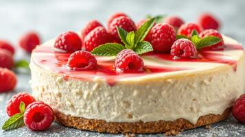 Delicious raspberry cheesecake garnished with fresh berries and mint on a textured background photo