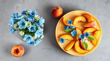 Fresh peach slices arranged with blue flowers on a yellow plate on a textured gray background photo