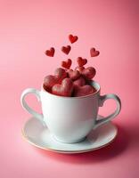 Heart-shaped candies overflow from a white ceramic cup against a pink background in a creative display of love photo