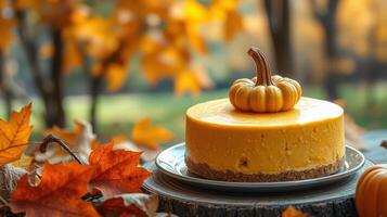 Pumpkin cheesecake set against a backdrop of autumn leaves and golden foliage in a serene outdoor setting photo