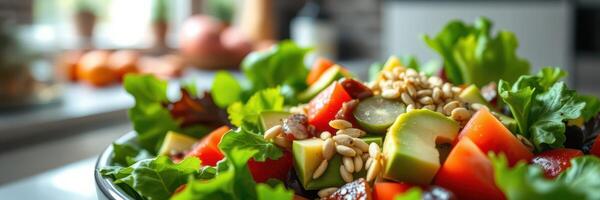 Fresh salad preparation in a cozy kitchen with vibrant vegetables and seeds photo