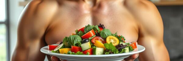 Healthy meal preparation with a muscular man holding a vibrant salad in a modern kitchen photo