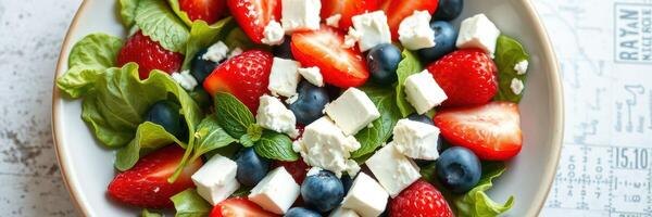 Fresh salad with strawberries, blueberries, and feta cheese served on a white plate photo