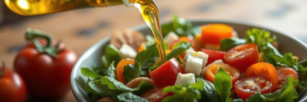 Fresh salad preparation with cherry tomatoes, feta cheese, and olive oil drizzle photo