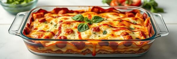 Delicious layered pasta dish with melted cheese and fresh basil on top served in a glass dish photo