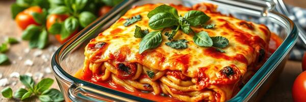 Freshly baked pasta dish garnished with herbs in a glass baking dish on a wooden surface photo