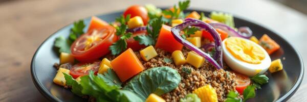 Colorful salad with fresh vegetables, grains, and boiled egg served on a black plate in a bright kitchen photo