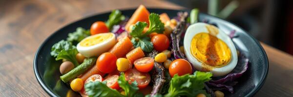 Fresh garden salad with colorful vegetables and boiled egg served in a black bowl on a wooden table photo