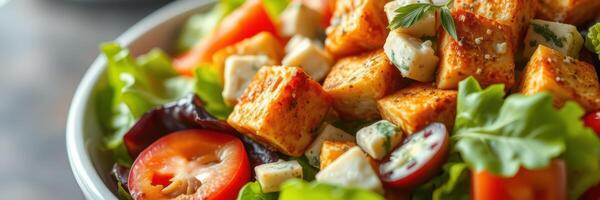 Fresh salad with grilled tofu and colorful vegetables served on a wooden table photo