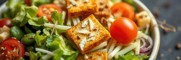 Fresh salad with cherry tomatoes, lettuce, and crunchy toppings served in a bowl for a healthy meal option photo