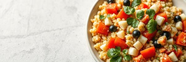 Colorful salad with couscous, bell peppers, and fresh herbs served in a bowl photo