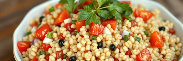 Fresh and colorful salad with bulgur, tomatoes, and herbs served in a white bowl photo