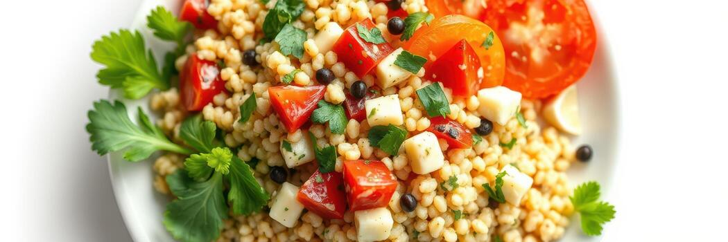Crisp salad with couscous, fresh vegetables, and herbs served in a bowl photo