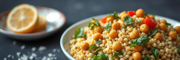 Delicious chickpea and couscous salad with fresh herbs and lemon on a dark background photo
