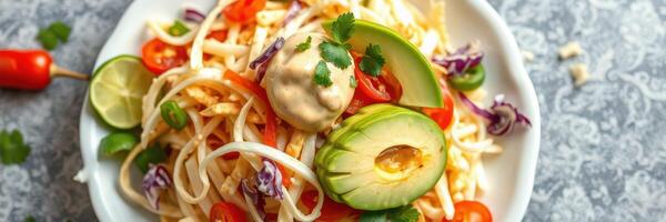 Fresh and vibrant salad featuring avocado, cherry tomatoes, and lime served on a patterned table photo