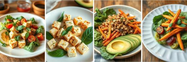 Delicious healthy salad variety featuring avocados, tofu, and fresh vegetables served on rustic wooden table photo