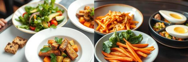 Delightful assortment of colorful and healthy dishes served on a wooden table at a cozy restaurant during lunchtime photo