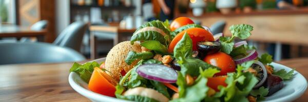 Fresh salad served in a restaurant showcasing vibrant colors and ingredients during lunch hours photo