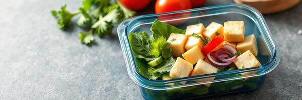 Fresh salad prepared with mixed greens, tomatoes, and cheese for healthy meal prep photo
