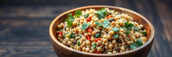 Delicious bowl of couscous salad with fresh herbs and vegetables on a wooden table photo