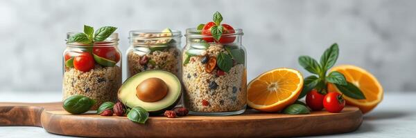 Colorful quinoa jars with fresh ingredients displayed on a wooden board in a bright kitchen setting photo
