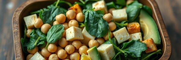 Fresh salad with spinach, chickpeas, and avocado served in a wooden bowl for a healthy meal option photo