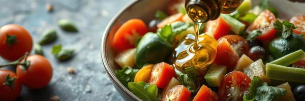 Fresh salad preparation with colorful vegetables and olive oil drizzle in a rustic kitchen setting photo