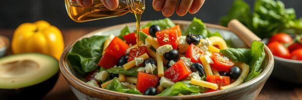 Colorful vegetable salad preparation with olive oil drizzle and fresh ingredients at a rustic kitchen table photo