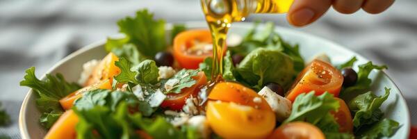 Fresh salad preparation with cherry tomatoes and greens enhanced by olive oil drizzle photo