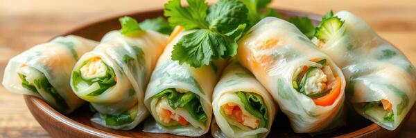 Fresh spring rolls served on a wooden plate, garnished with cilantro and colorful vegetables photo