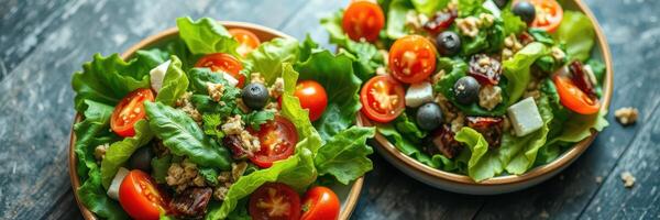 Freshly prepared salad with cherry tomatoes and mixed greens served in bowls on a wooden table in a bright kitchen photo