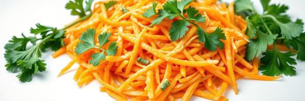 Freshly prepared carrot salad garnished with cilantro and green onions served on a white plate photo