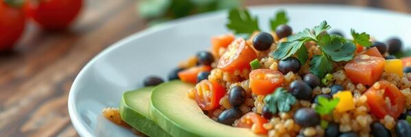 Colorful quinoa salad with fresh vegetables and herbs prepared in a bright kitchen setting during the afternoon photo