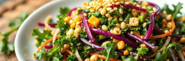 Fresh, colorful kale salad with vegetables and sesame seeds served in a white bowl photo