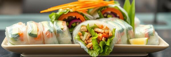 Freshly made spring rolls displayed on a plate with vibrant vegetables and lean protein for a healthy meal photo