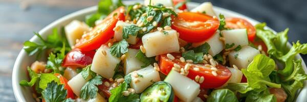 Fresh and vibrant vegetable salad with tomatoes, cucumbers, and herbs served in a bowl photo