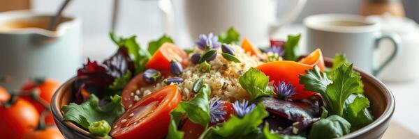 Fresh salad bowl with vibrant vegetables and herbs served on a wooden table during breakfast photo