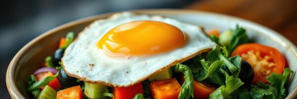 Fresh salad topped with a sunny side up egg on a wooden table during daylight photo