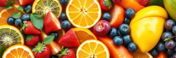 Colorful arrangement of fresh assorted fruits showcasing vibrant textures and flavors in a lively display photo