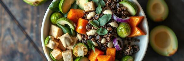 Fresh and colorful vegetable salad with lentils and nuts displayed in a bowl photo