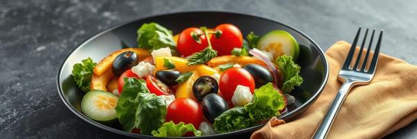 Fresh salad with vibrant vegetables served in a bowl on a dark surface with a fork and napkin photo