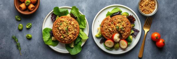 Delicious vegetarian dishes served on plates with fresh greens and colorful vegetables, perfect for a healthy meal option photo