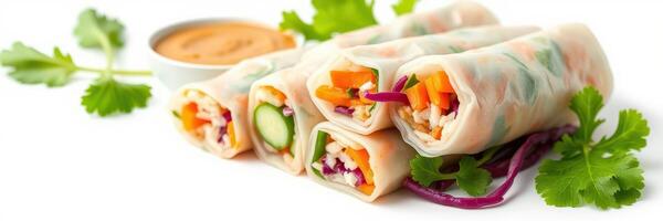 Fresh vegetable spring rolls with peanut dipping sauce served on a white background photo